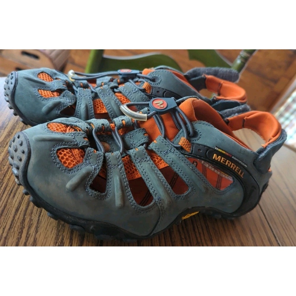 Merrell Men's Hiking Shoes Blue/Gray Leather Low Vibram Traction Soles Size 9.5